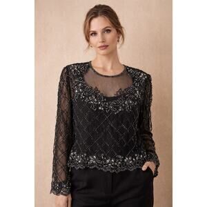 Vintage Women’s 1980s Stenay Beaded Silk Top Small NWT Glam Statement